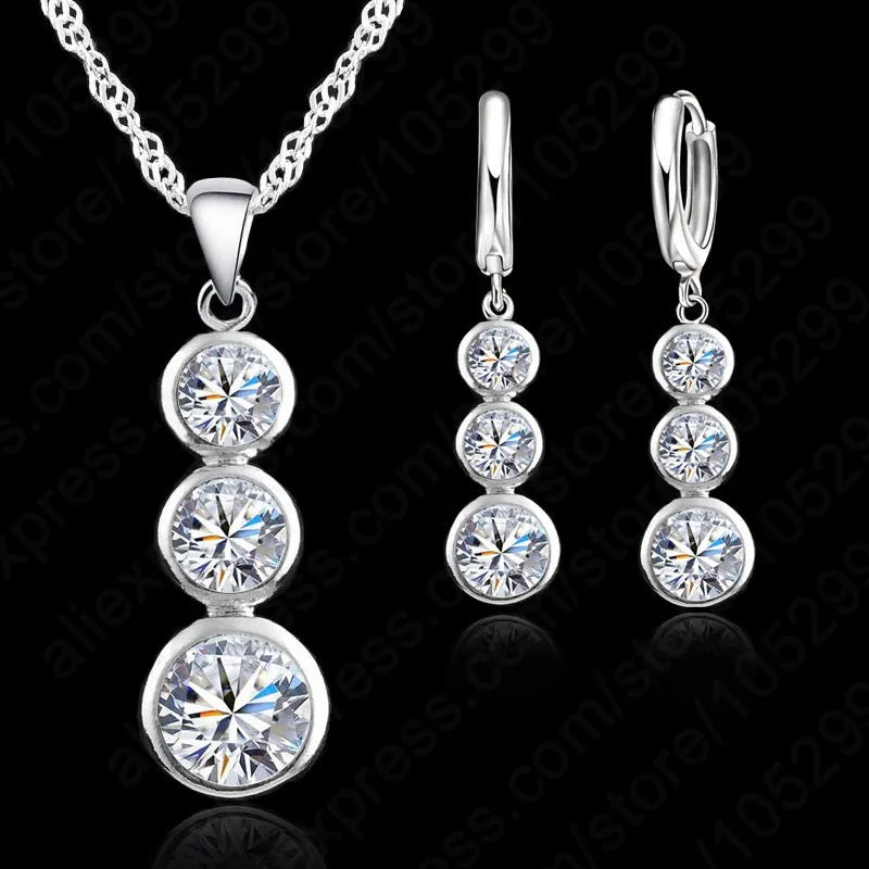 Women Fine Jewelry 925 Sterling Silver Crystal Jewelry Sets For Wedding Pendants Necklaces Earring Set Accessory