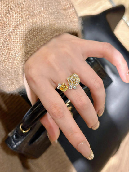 Romantic Sparkling Yellow Rose flower jewelry sets Luxury Exquisite Wedding Engagement inlay Diamond Bracelet Necklace Ring