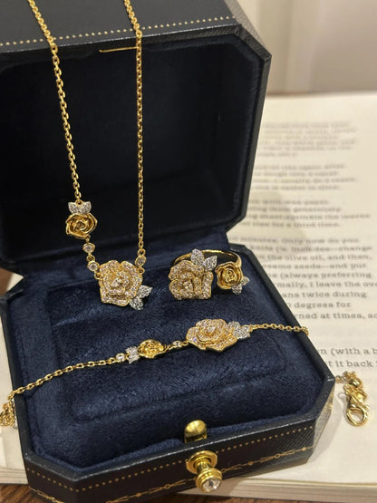 Romantic Sparkling Yellow Rose flower jewelry sets Luxury Exquisite Wedding Engagement inlay Diamond Bracelet Necklace Ring
