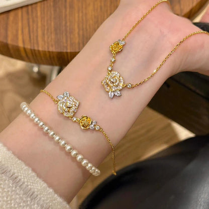 Romantic Sparkling Yellow Rose flower jewelry sets Luxury Exquisite Wedding Engagement inlay Diamond Bracelet Necklace Ring