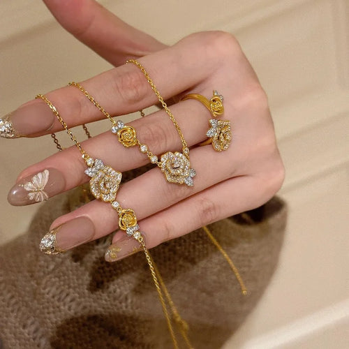 Romantic Sparkling Yellow Rose flower jewelry sets Luxury Exquisite Wedding Engagement inlay Diamond Bracelet Necklace Ring