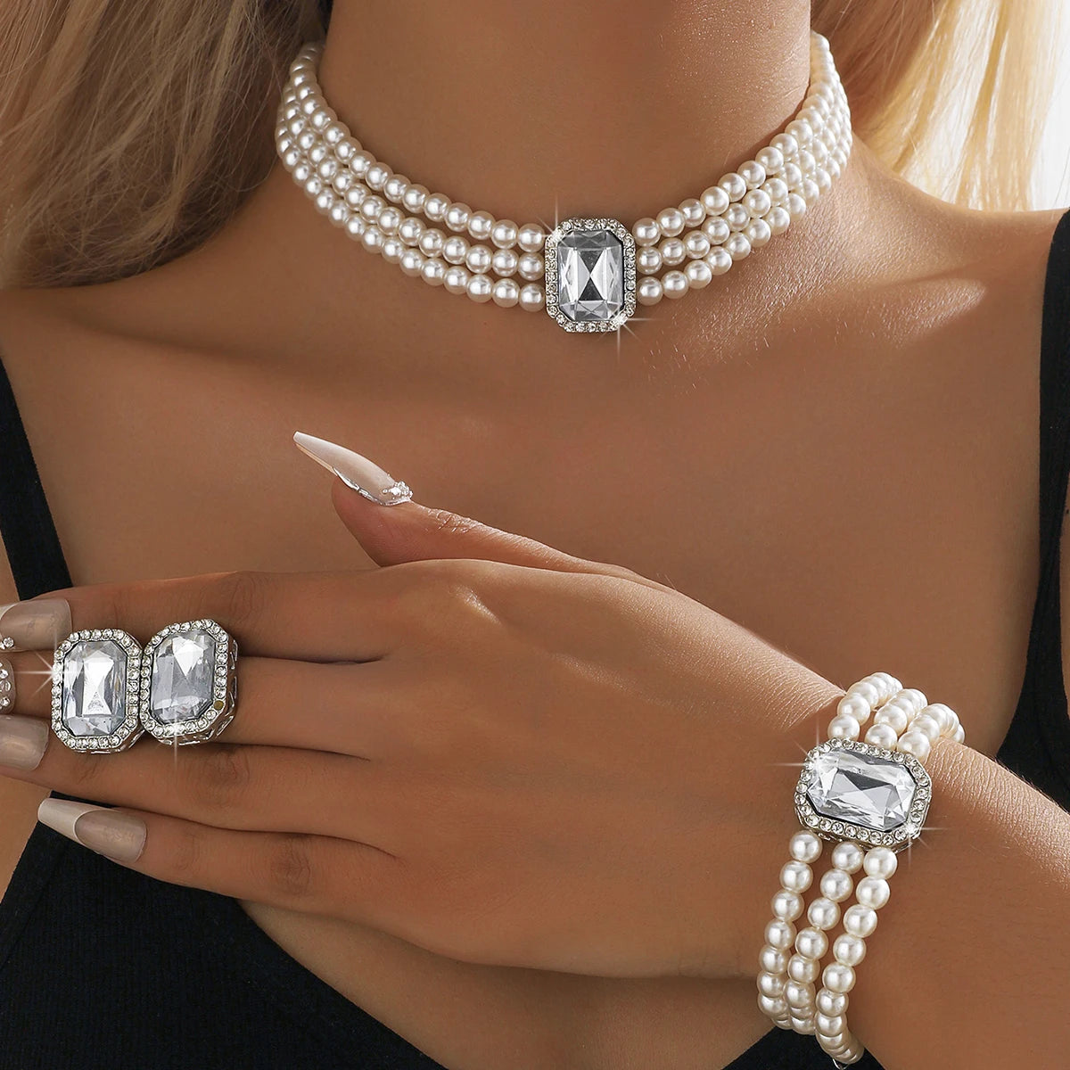 4PC Women's Fashion Light Luxury Short Style Imitation Pearl Turquoise Necklace Earrings Bracelet Jewelry Set Party Festival Gif