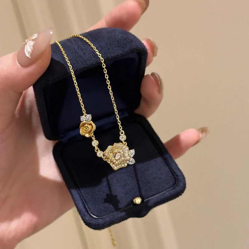 Romantic Sparkling Yellow Rose flower jewelry sets Luxury Exquisite Wedding Engagement inlay Diamond Bracelet Necklace Ring