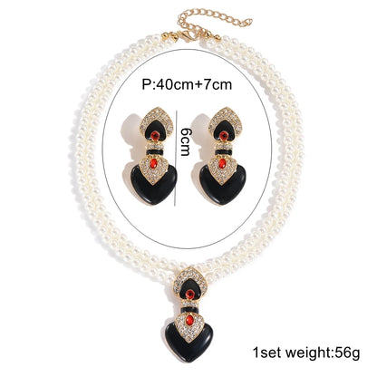 Bride Wedding Jewelry Set Elegant Enamel Rhinestone Love Imitation Pearl Beaded Necklace and Earrings Women's Party Accessories