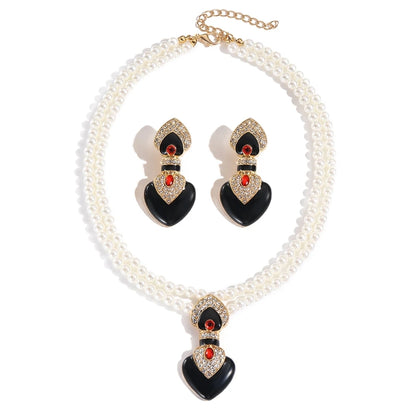 Bride Wedding Jewelry Set Elegant Enamel Rhinestone Love Imitation Pearl Beaded Necklace and Earrings Women's Party Accessories