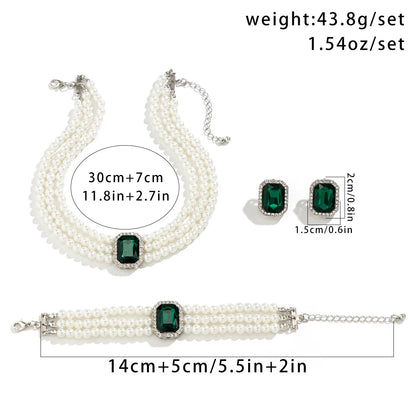 4PC Women's Fashion Light Luxury Short Style Imitation Pearl Turquoise Necklace Earrings Bracelet Jewelry Set Party Festival Gif