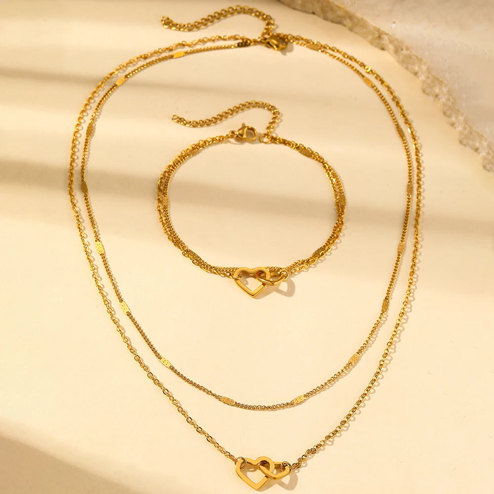 Stainless Steel Jewelry Sets High-end Atmosphere Love Bracelet Love Necklace Double Chain Design Jewelry Sets For Women Jewelry