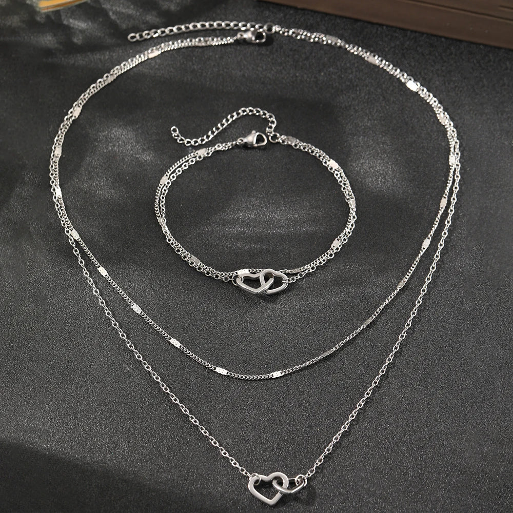 Stainless Steel Jewelry Sets High-end Atmosphere Love Bracelet Love Necklace Double Chain Design Jewelry Sets For Women Jewelry