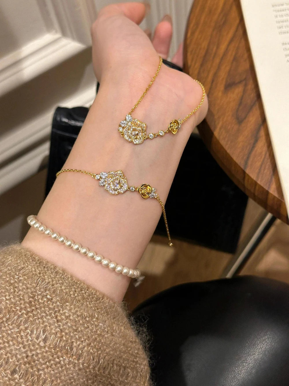 Romantic Sparkling Yellow Rose flower jewelry sets Luxury Exquisite Wedding Engagement inlay Diamond Bracelet Necklace Ring