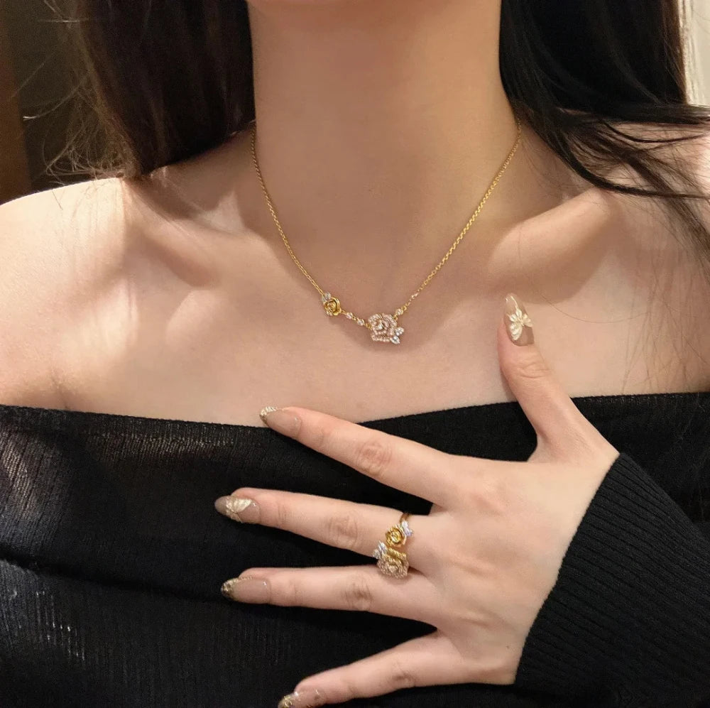 Romantic Sparkling Yellow Rose flower jewelry sets Luxury Exquisite Wedding Engagement inlay Diamond Bracelet Necklace Ring